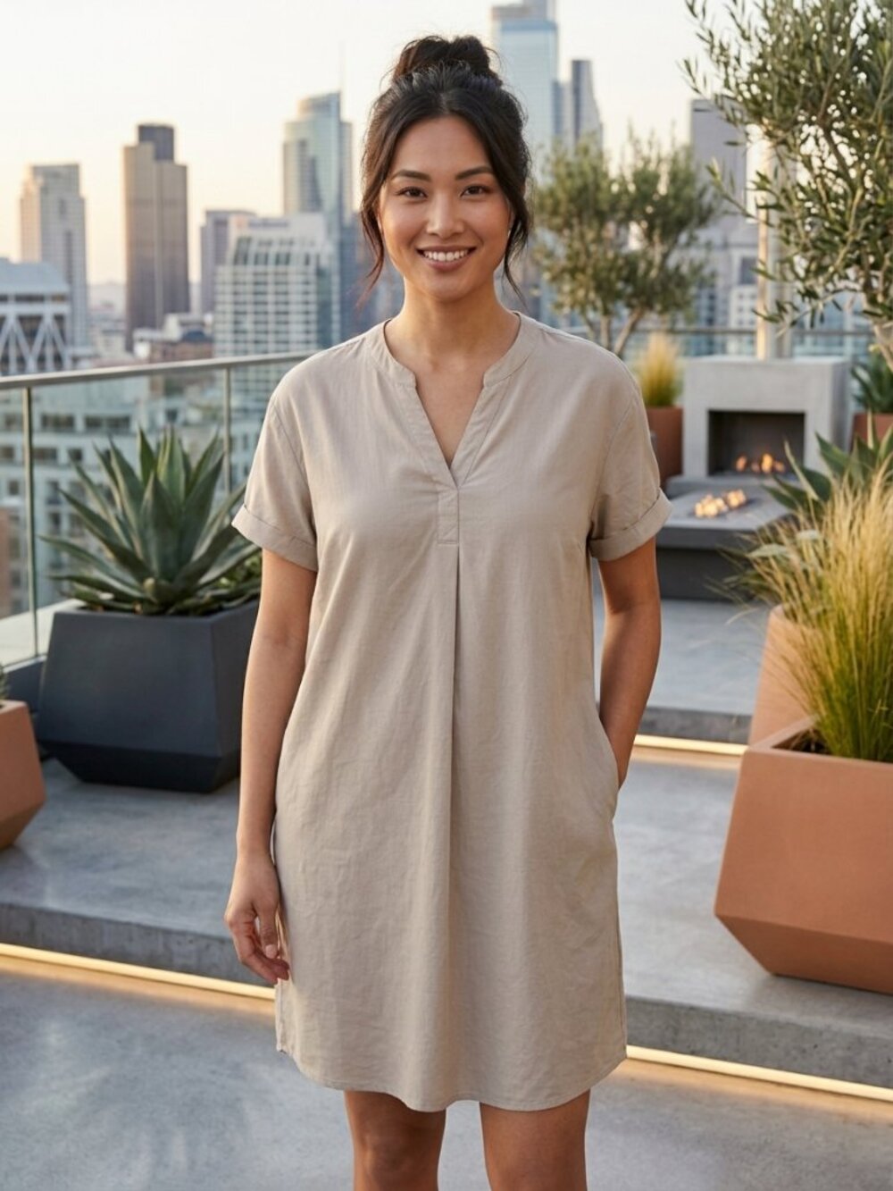 Hilary Radley Beige V-Neck Cuffed Short Sleeve Tunic Shirt Dress - XXL